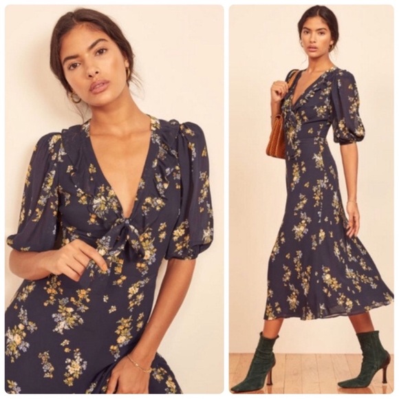 Reformation Blue Brook Vittoria Floral Midi Dress‎ size 2